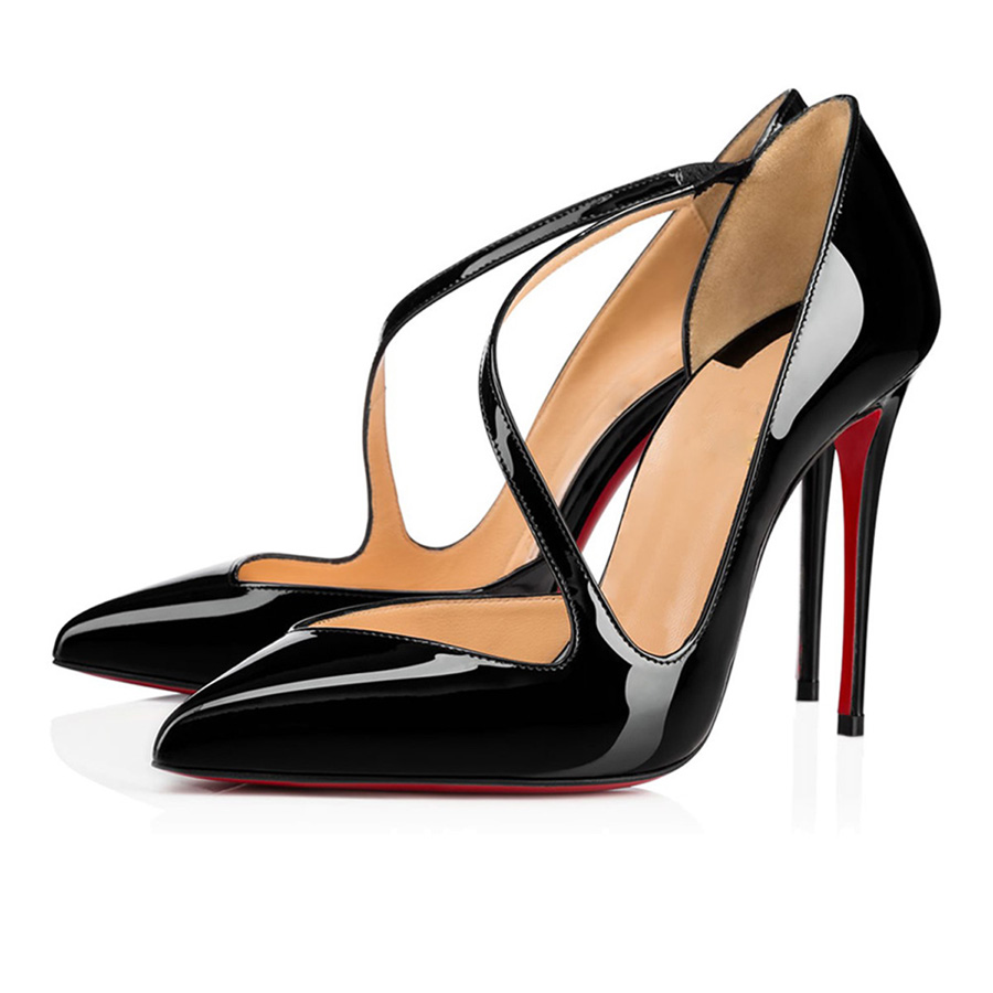 

Fashion Women Pumps Red Bottom Sandals Jumping 100 mm Luxury Summer Party Fashion Ladies Pointed Toes Straps Patent Leather Designer High He, Black