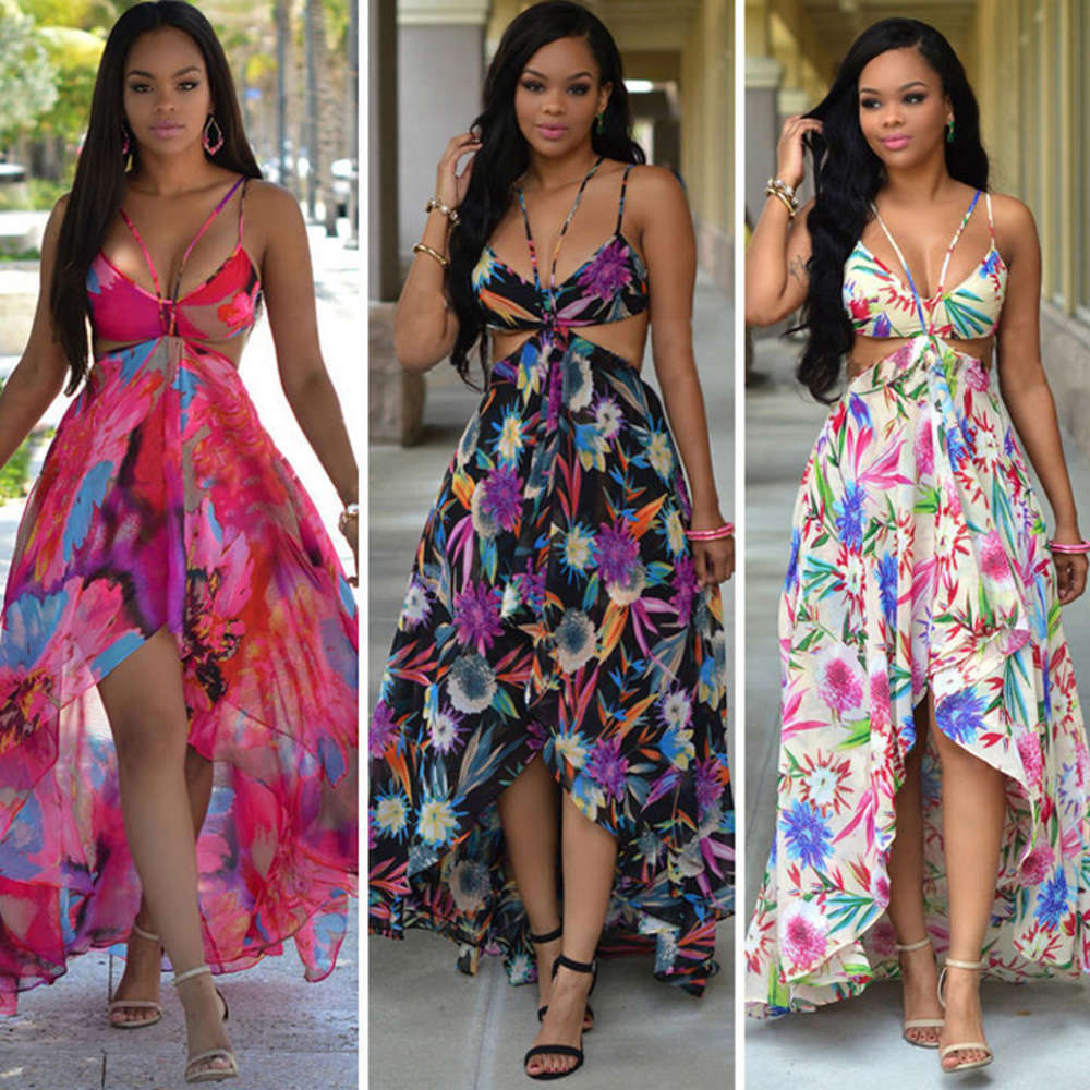 

Beach sling dresses bohemian hang neck formal summer long beach casual dresses for women clothes plus size women clothing fashion dress, Multi