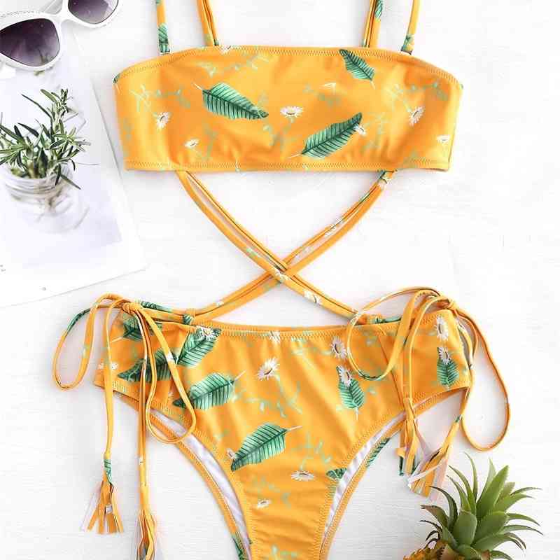 

2021 n ew green leaf tassel PRINT SWIMSUIT one piece bra Tie Bikini, Picture color
