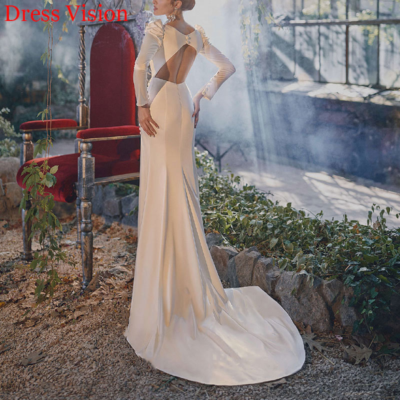 

2021 Satin Mermaid Wedding Es Sexy Backless Vestidos Novia Robe De Marie Long Sleeves Sweep Train Urdg, Same as image