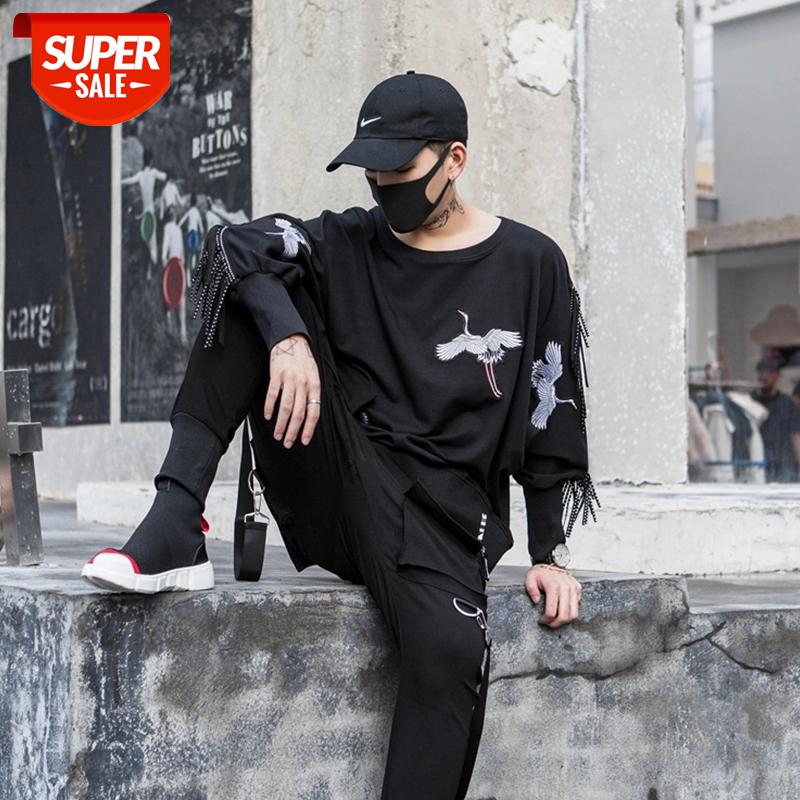 

2019 New Japanese Style Street Stylish Embroidery Pattern Pullover Mens Sweatshirts Hip Hop Fashion Male Robben Warp Streetwear #Pg8X, Black