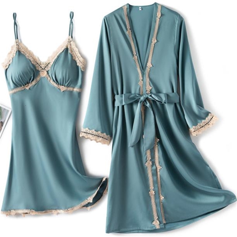 Women&#039;s Sleepwear Summer Kimono Robe Gown Bridal Satin 2 Pieces Bathrobe&Chemise Sexy Lace Trim Bridesmaid Wedding Intimate Linger-image-702084756