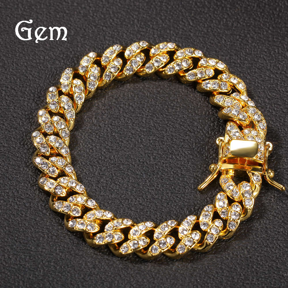 

Hip hop gummy 12mm alloy diamond Cuba Bracelet men's pop rock rap jewelry