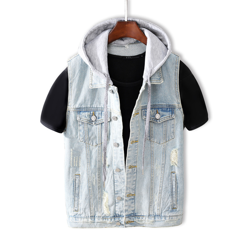 

2021 New Fashion Streetwear Men High Quality Light Blue Casual Ripped Denim Vest Hooded Coats Sleeveless Hip Hop Chaqueta Hombre 5trx