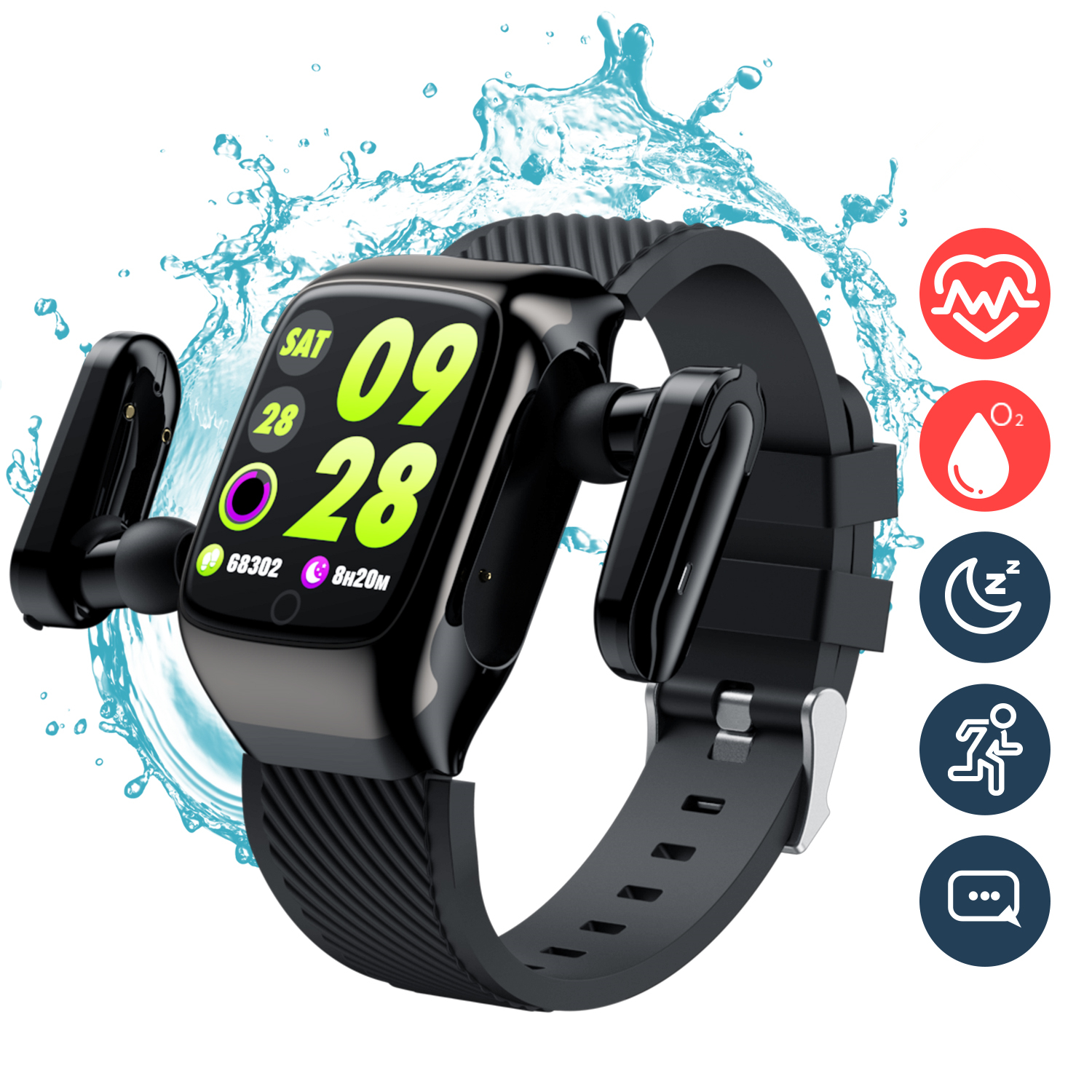 

2 in 1 Android Sport Smart Watch TWS Bluetooth Earphone heart rate blood pressure Fitness Tracker Touch Display Multi Language IOS Wireless