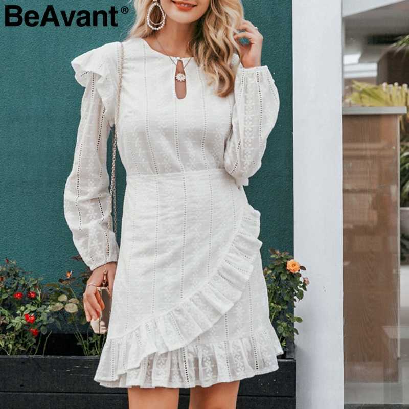 

BeAvant Elegant cotton women dress Puff sleeve ruffle straight female mini dress Casual autumn winter office ladies party dress 210709, White