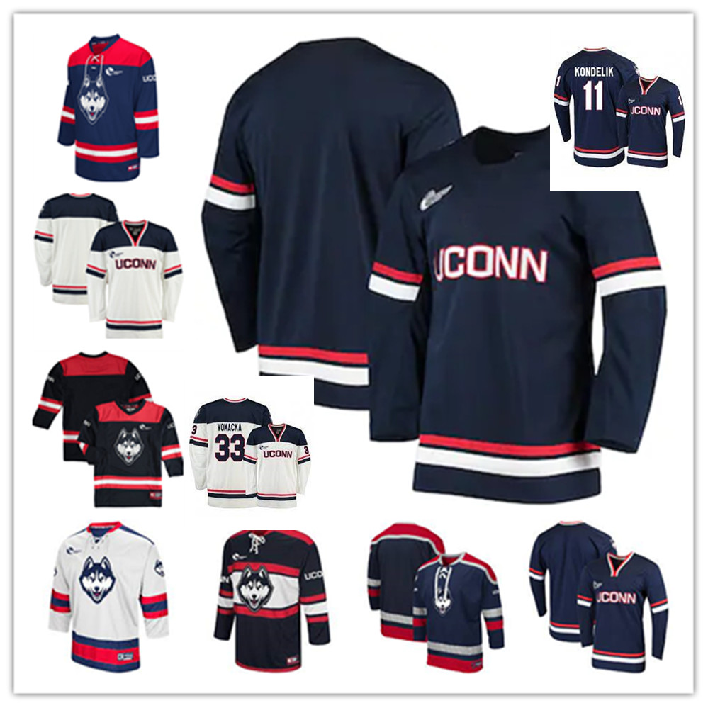 

2022 NCAA Custom UCONN Huskies Stitched College Hockey Jersey Brian Sutherland Jeff Ray Harry Geary Dave L'Ecuyer Mark Kosinski Cole Schneider Maxim Letunov, Official navy