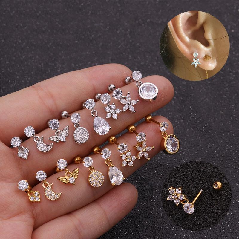 

Stud Fashion Ear Bone Studs, Heart-shaped Flowers, Stainless Steel Screw Earrings, Micro-inlaid Cartilage Earrings, Golden;silver