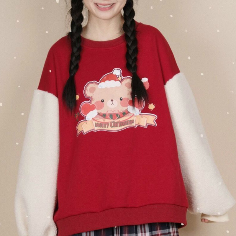 

New Deeptown Kawaii Hoodie 2021 Fashion Bear Print Sweatshirt Women Long Sleeve Cute Tops Splice Plus Veet Jk Pullover 9131, Red