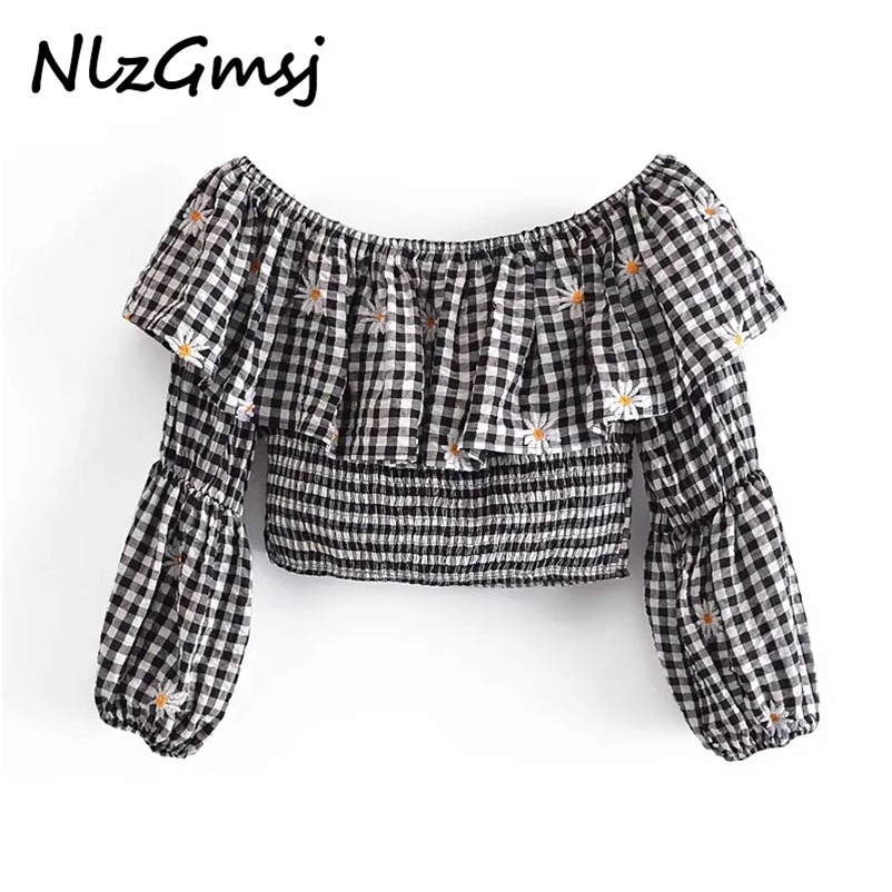 

Blouse Long Puff Sleeve Cropped Plaid Top Chic Smocked Elastic Ruffle Retro Shirt Summer Blouses 03 210628, As picture