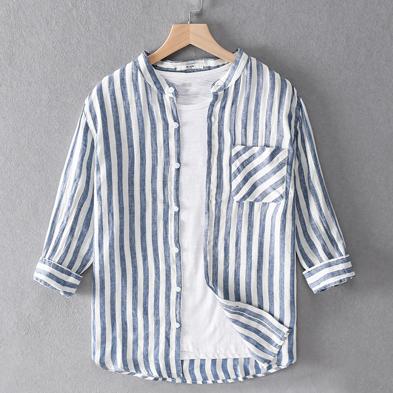 

2021 New Trs Quartos Manga Pura Linho Dos Camisas Marca Vero Para Homens Gola De Moda Camisa Masculina Causal Listrado 35fn, Coffee stripe