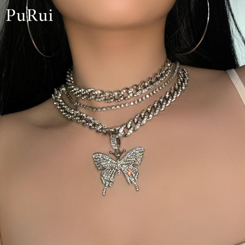 

Pendant Necklaces Multilayered Iced Out Butterfly Necklace Set Cuban Link Chain Choker Shiny Crystal Chains Hip Hop Neck Jewelry
