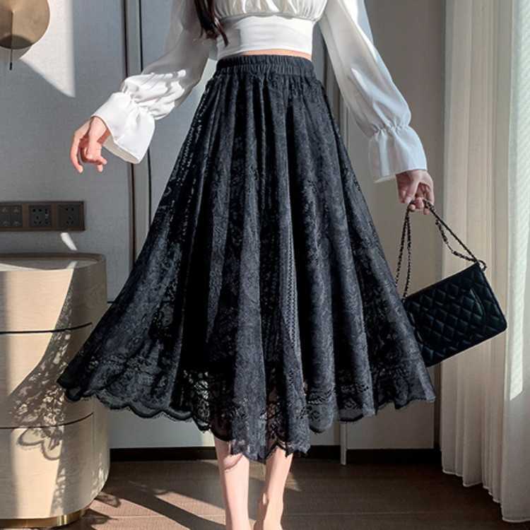 

Elastic High Waist Lace Skirts Womens Spring Autumn Korean Elegant Casual A-line Black Long Skirt Female 210526, Picture color