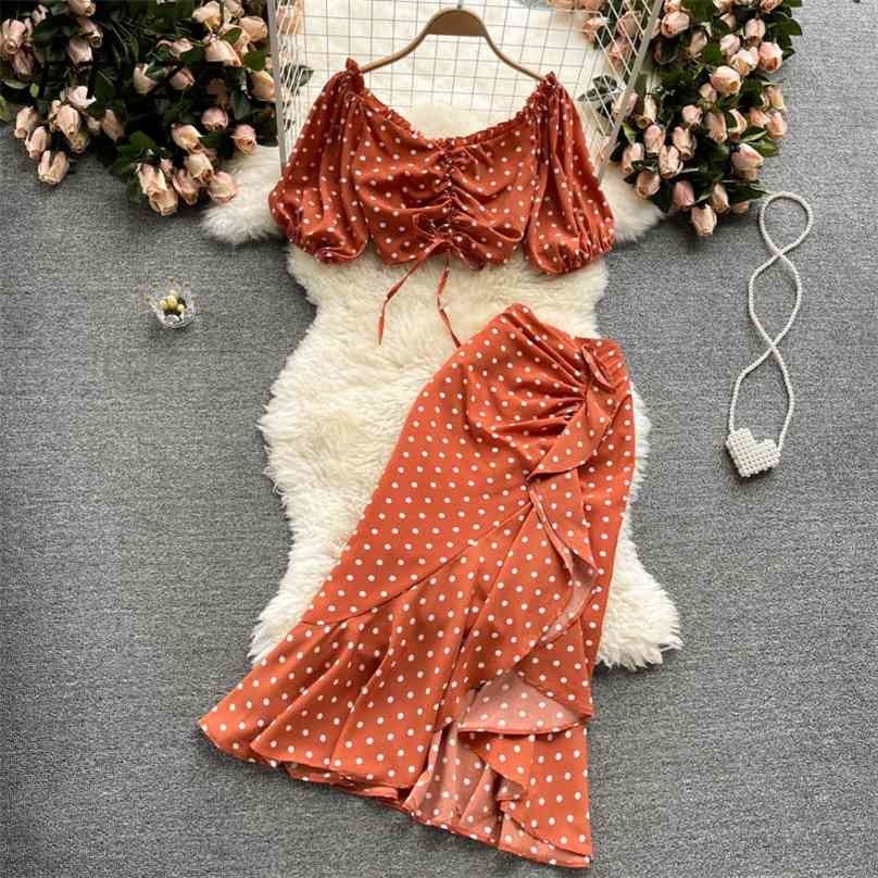 

Women Two-piece Sets Summer Beach Chiffon Suit Woman Vintage Polka-dot Crop Top Shirts High-waist Ruffles Skirt Elegant Outfits 210525, Champagne