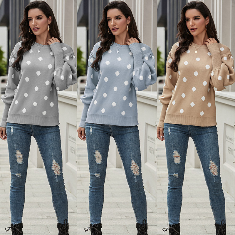 

2021 Spring Autumn New Fashion o Nekck Lantern Sleeve Women' Keep Warm Casual Polka Dot Ladies Knit Sweaters Tjo4, Light blue