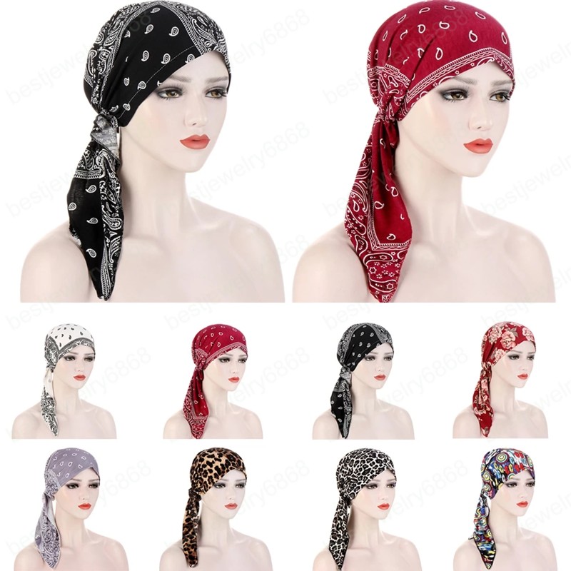 

Muslim Women Hijab Pre-Tied Flower Printed Long Tail Hair Loss Head Scarf Head Wrap Stretch Turban Cancer Cover Hat Chemo Caps, Mixed color