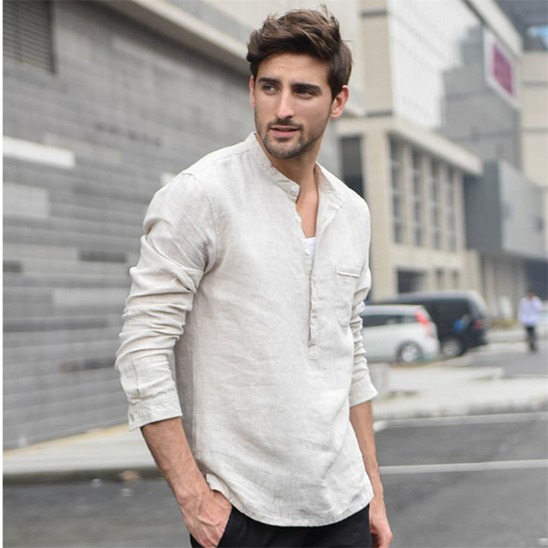 

2021 Autumn Men's Fashion Solid Color Linen Shirts Oversized Long Sleeve Stand Collar for Man Pullover Shirt Chemise Blanche Naf1, Gray white