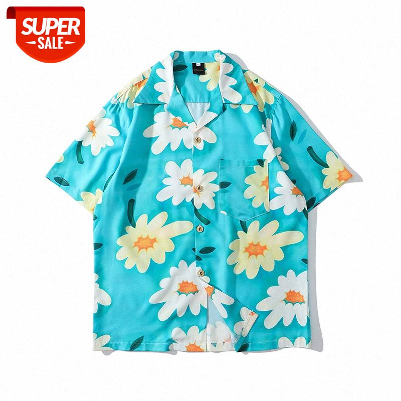 

Little daisy full print Weiyi short-sleeved shirt couple casual loose beach color contrast shirts for men and women #cJ7Y, White;black