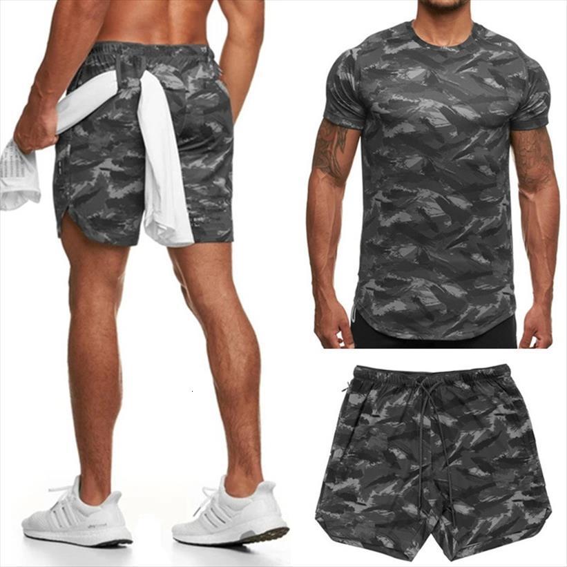 

camouflage printed t shirt sports men tracksuits suit couple quick dry casual running summer short sleeve shorts 2 piece set, Gray