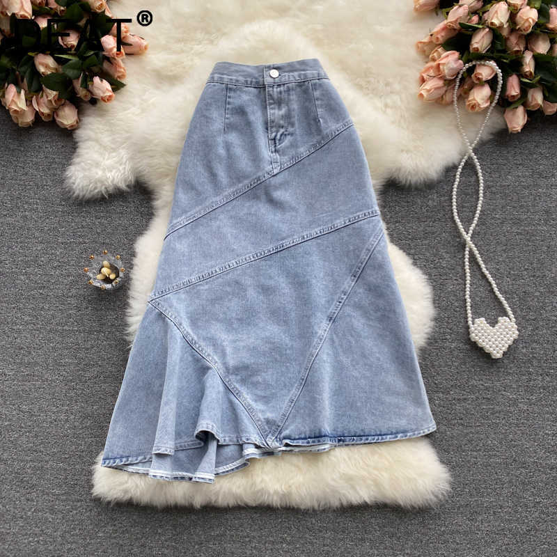 

DEAT Women Denim Blue Ruffles Skirt Arrivals High Waist Temperament Fashion All Match Spring Summer 11D1166 210709