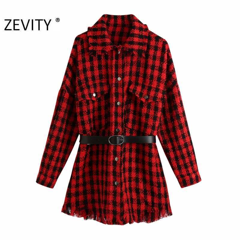 

ZEVITY women vintage plaid print sashes tweed woolen shirt coat femme long sleeve pocket hem tassel chic jacket brand tops CT592 210603, As pic ct592bb