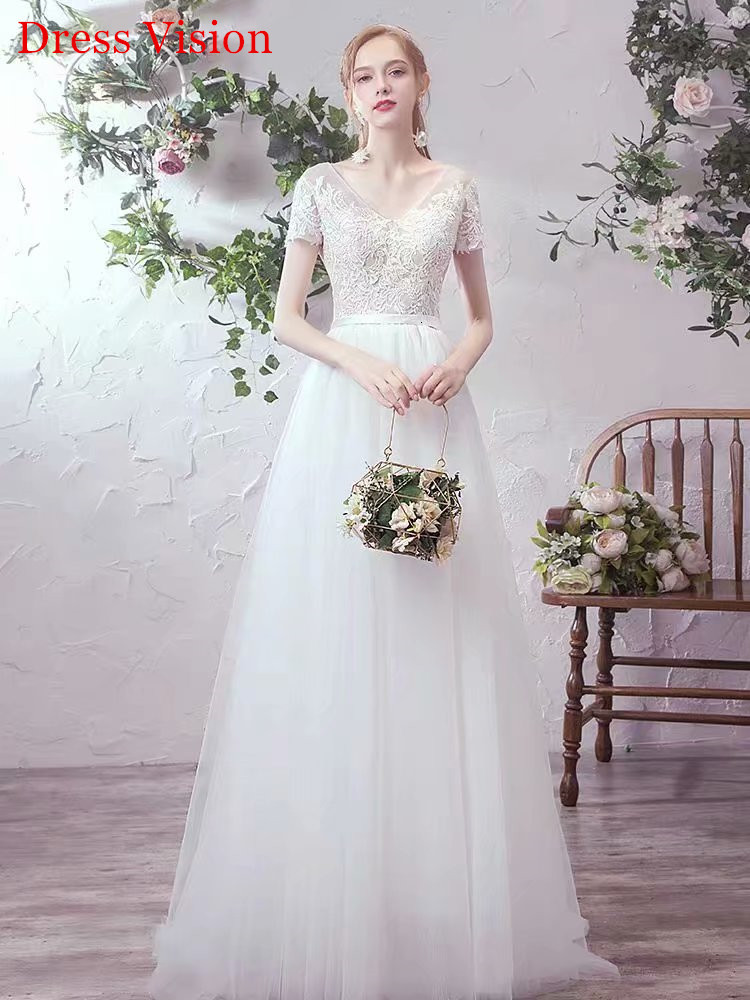 

2021 Vestidos Lace Appliques V-neck Mariage Wedding Vestido Noiva Party Gowns Short Sleeves Robe De Soiree 7nd4, Same as image