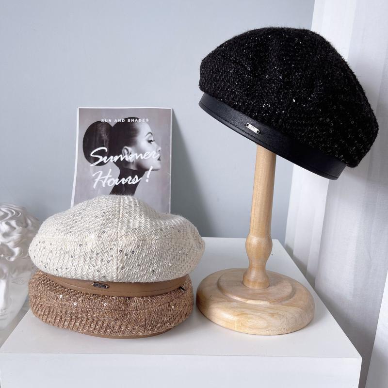

Berets MAXSITI U Women Hats Sequin Tweed Patchwork Leather Autumn And Winter Beret Female Simple Fashion Painter Cap Pumpkin Hat, White