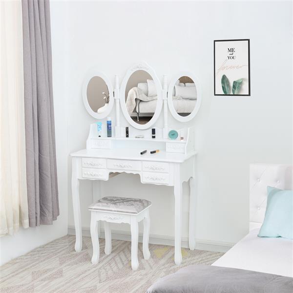 

Bedroom Furniture Simple Light Luxury Foldable 3 Mirrors with 7 Drawers Dressing Table White