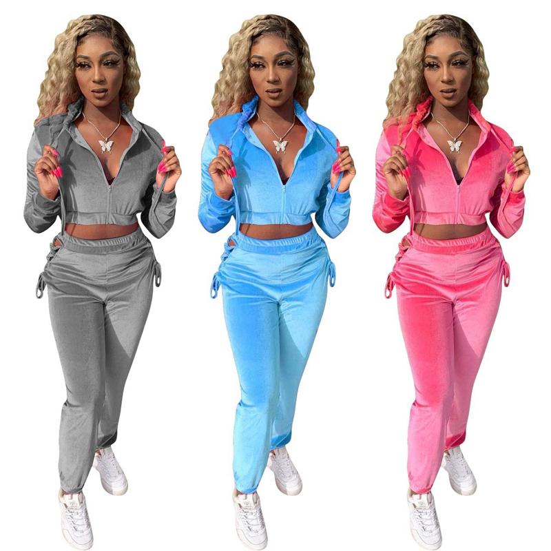 

Women' Two Piece Pants Sexy Velvet Set Long Sleeve Crop Hoodies Bandage Side Hollow Pencil Fall Winter Clothes Women Outfits, Gray