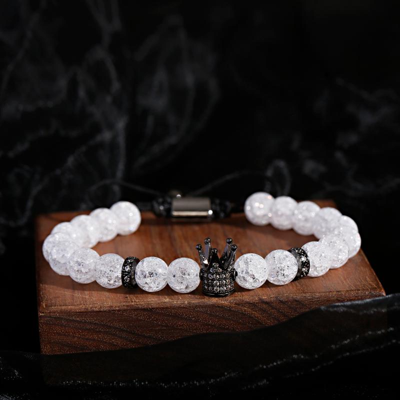 

Beaded, Strands Trendy White Alabaster Charm Bracelet Men Luxury Zircon Black Crown Handmade Bangles Adjustable Jewelry