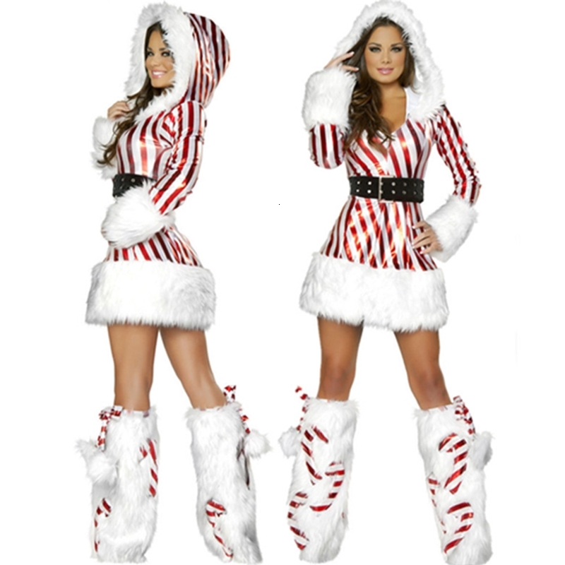 

New Arrival Christmas Dress Women Costume For Adult Striped Velvet Fur Dresses Hooded Sexy Female Santa Claus, Black