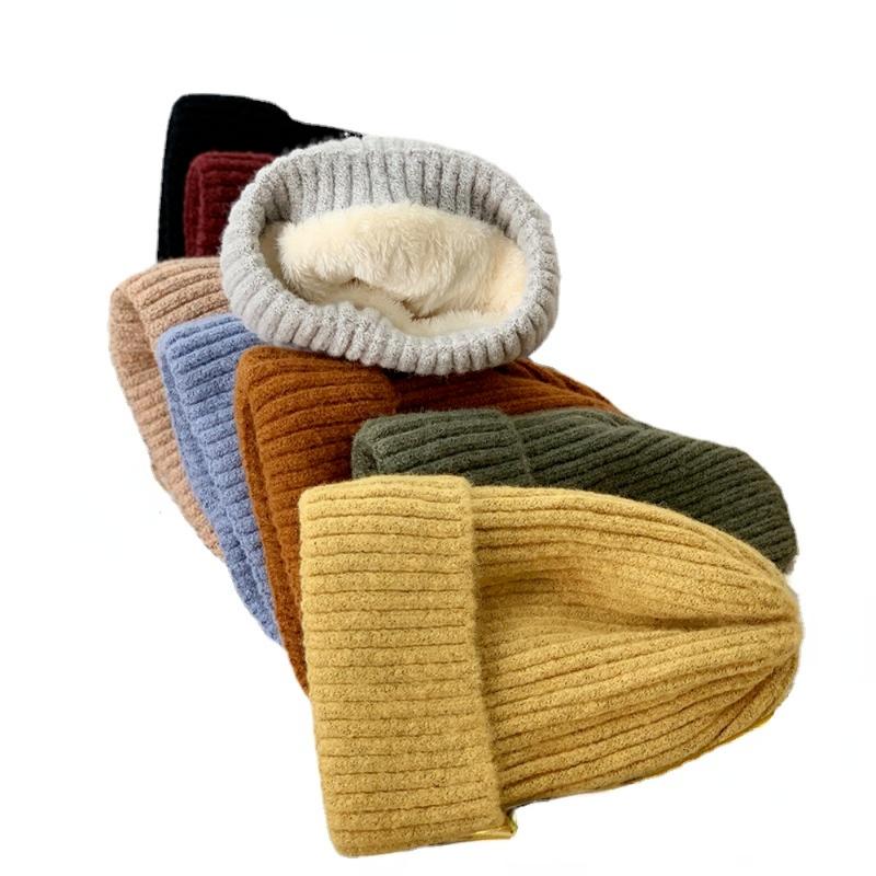 

Berets Plush Wool Cap Female Student Winter Head Hood Warm Lining Solid Color Knitted Earflap Hat Casual Skullies Beanies, Yellow
