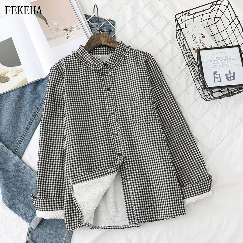 

2021 New Winter Plaid Shirts Women Blouses Girls Tops Long Sleeve College Style Female Clothes Thick Veet Warm Outwear S1gg, Black