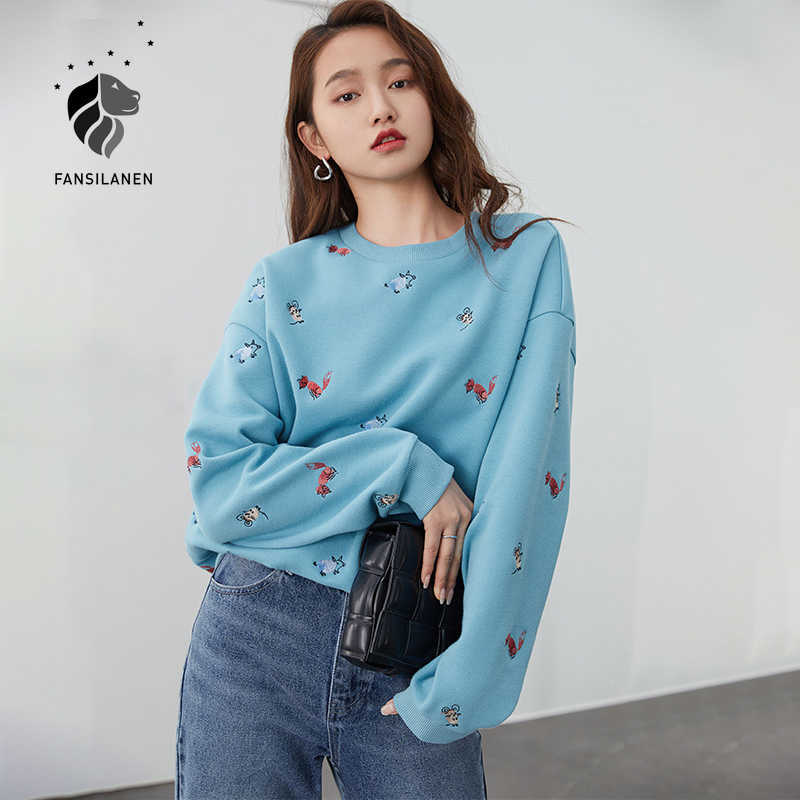 

FANSILANEN Casual cartoon embroidery oversized sweatshirt Women long sleeve spring cute Female blue short 210607