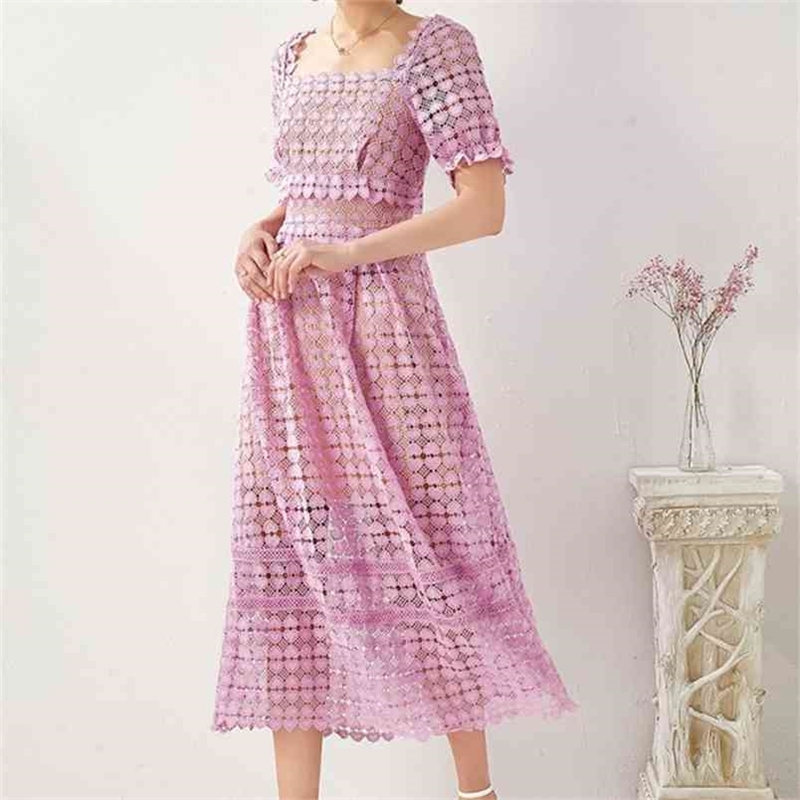 

Self Portrait European Runway Designer Summer Women Elegant Heart Shaped Hollow Out Lace Long Dress Vestido De Festa 210603, Picture color