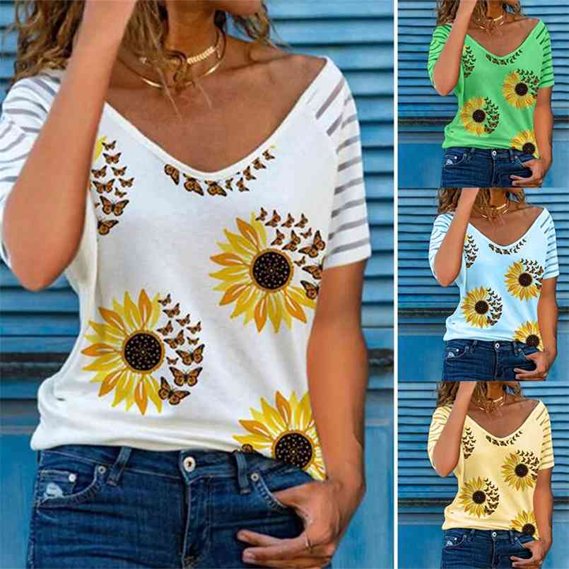 

Sunflower Printed Tshirt Women Summer V Neck Casual Vintage Sexy Loose Short Sleeve Tees Oversize Harajuku Pullover Tops -5XL 210708, Blue