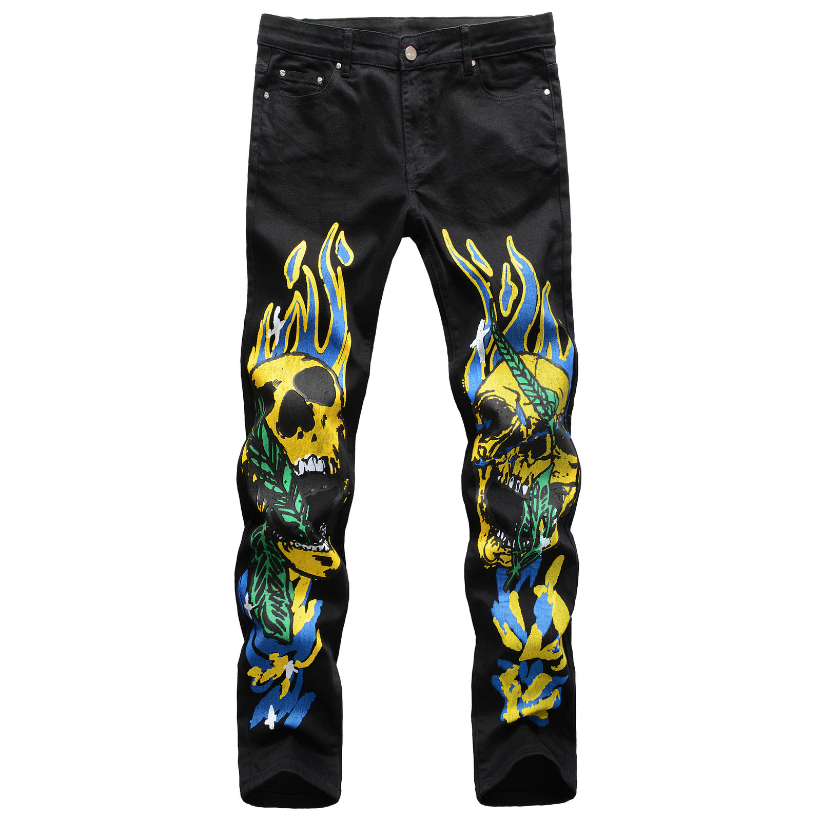 

2021 Fashion Men's Jeans Stretch Slim Fit 3d Color Print Black White Trousers Flame Skull Graffiti Street Men Denim Pants Jean Homme V0j2