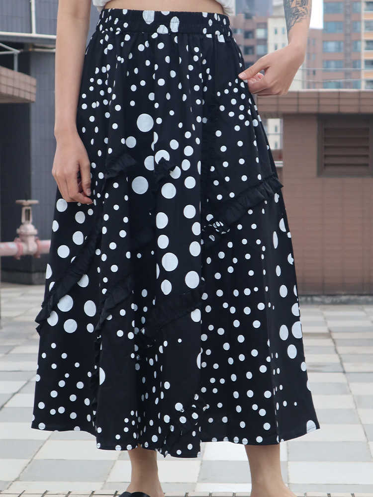 

VANOVICH Summer Cotton Irregular Dot Stitching Wild Casual Elastic Waist Korean Style Skirts Female 210615, Black