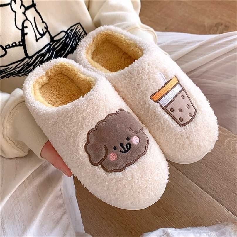 

Winter Warm Slipper Men Cartoon Dog Thick Sole Non-slip Plush Cotton Shoes Memory Foam Couples Home Bedroom Fur Slides 211110, Beige