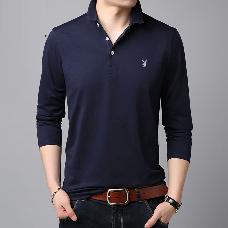 

New 2021 Moda Masculina Manga Longa Cor Pura Lazer De Alta Qualidade Masculino Puro Algodo Confortvel Fino Ajuste Camisa Polo Jd4n, Navy blue