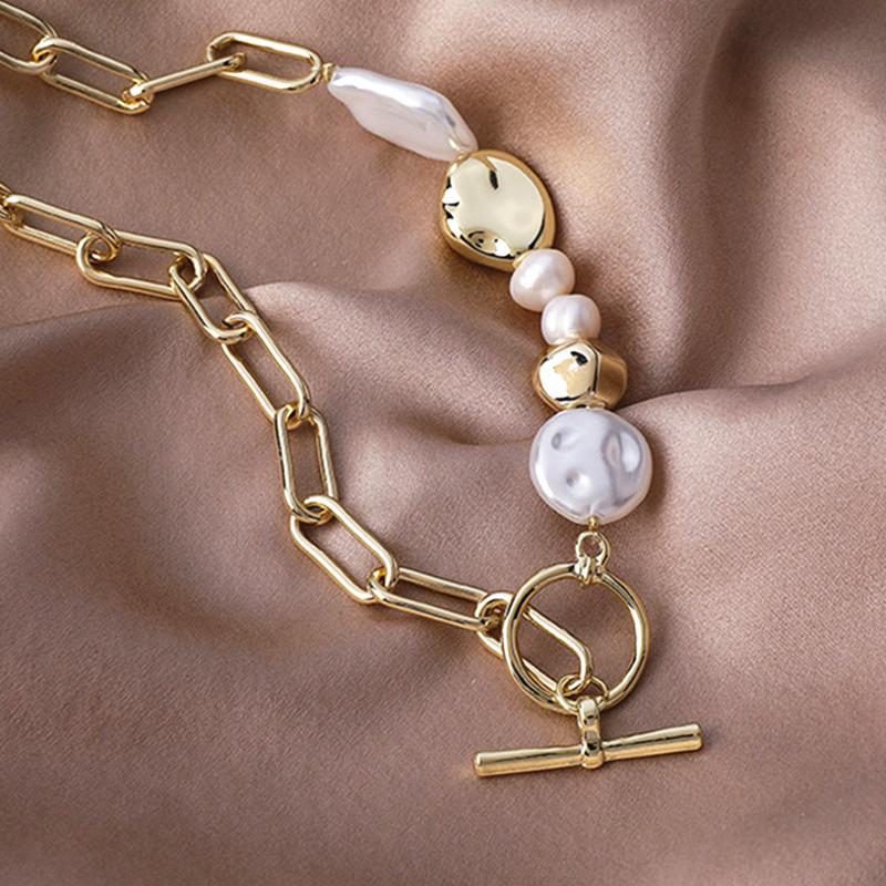 Pendant Necklaces Vintage Baroque Net Red Necklace Female Unique Metal Chain Special-shaped Pearl OT Buckle Ins Trend Irregular Women-image-712039843