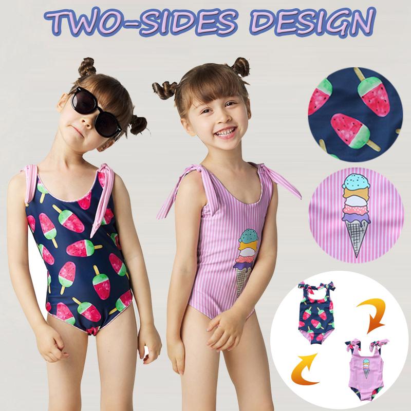 

One-Pieces 0-4 Year Toddler Kids Baby Girls Ice Cream Print One-piece Swimwear Swimsuit Reversible Overturn Design Summer For Girl, Black