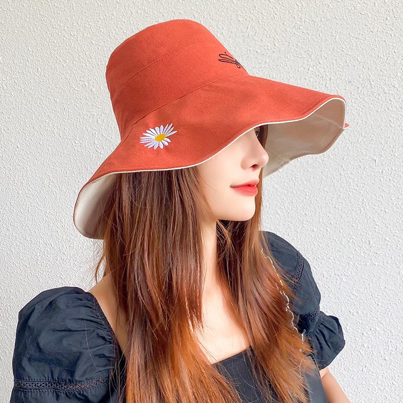 

Wide Brim Hats Double Sided Big Bucket Hat Fisherman Cap For Women Japan South Korea Embroidery Travel Beach Sunshade Wild Sun, Pink beige