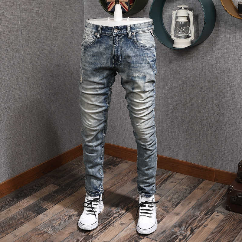 

Italian Style Fashion Men Jeans High Quality Retro Wash Slim Ripped Denim Pants Streetwear Vintage Designer Hip Hop Trousers 12HD, Retro blue