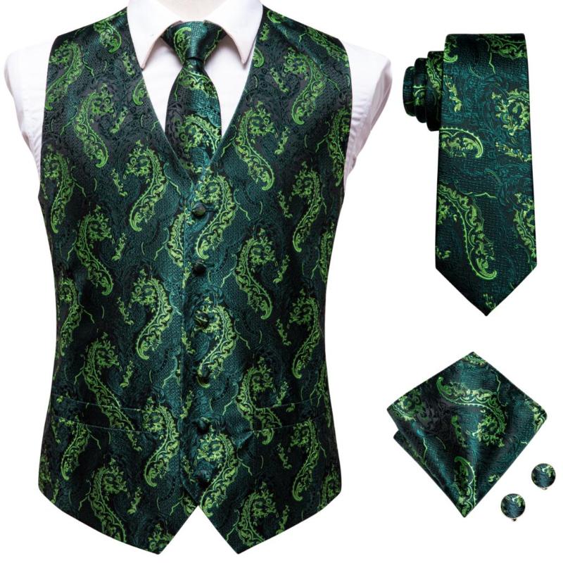 

Men' Vests Hi-Tie Teal Green Floral Paisley Silk Men Slim Waistcoat Necktie Set For Suit Dress Wedding 4PCS Vest Hanky Cufflink, Mj-0025
