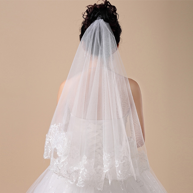 

Women 150cm Bridal Short Wedding Veil White One Layer Lace Flower Edge Appliques, As described