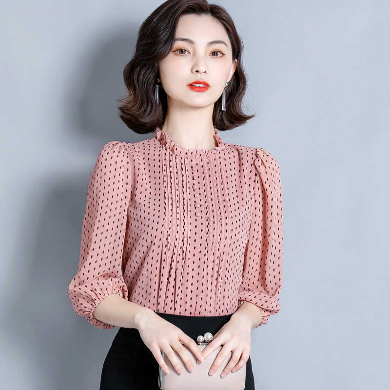 

Korean Fashion Chiffon Women Blouses Print Shirt Woman Polka Dot Top Plus Size Blusas Mujer De Moda 4XL 210604, Pink