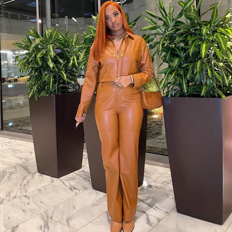 

Women' Two Piece Pants Brown PU Faux Leather Tracksuit Moto & Biker Turn Down Collar Long Sleeve Jackets And Straight Loose Outfits