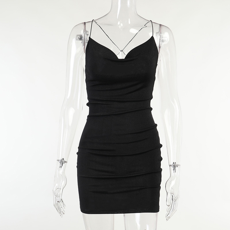 

viifaa spaghetti strap low-cut mini dress for summer stretchy knitted bodycon women backless streetwear party dresshigh quality, Black;gray