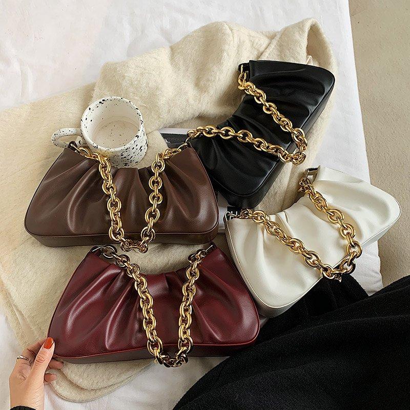 

Fashion Designer Women Shoulder Bag Lady Burgundy Underarm Shopping Handbag Female Coffee Metal Chain Leather Half Moon Bags, Black